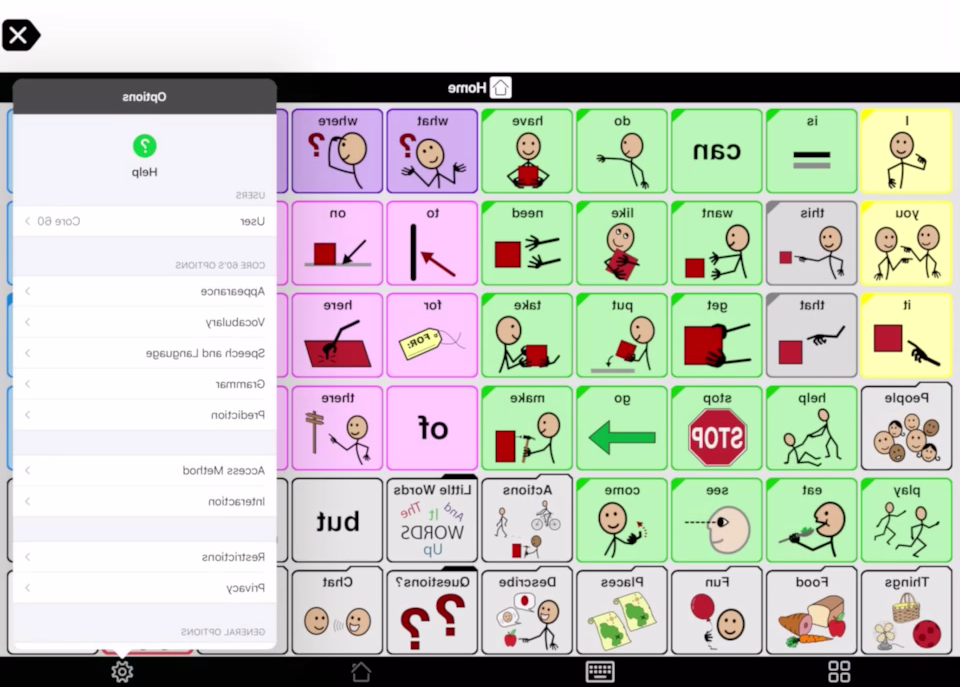 Screen shot of Proloquo2Go showing Options