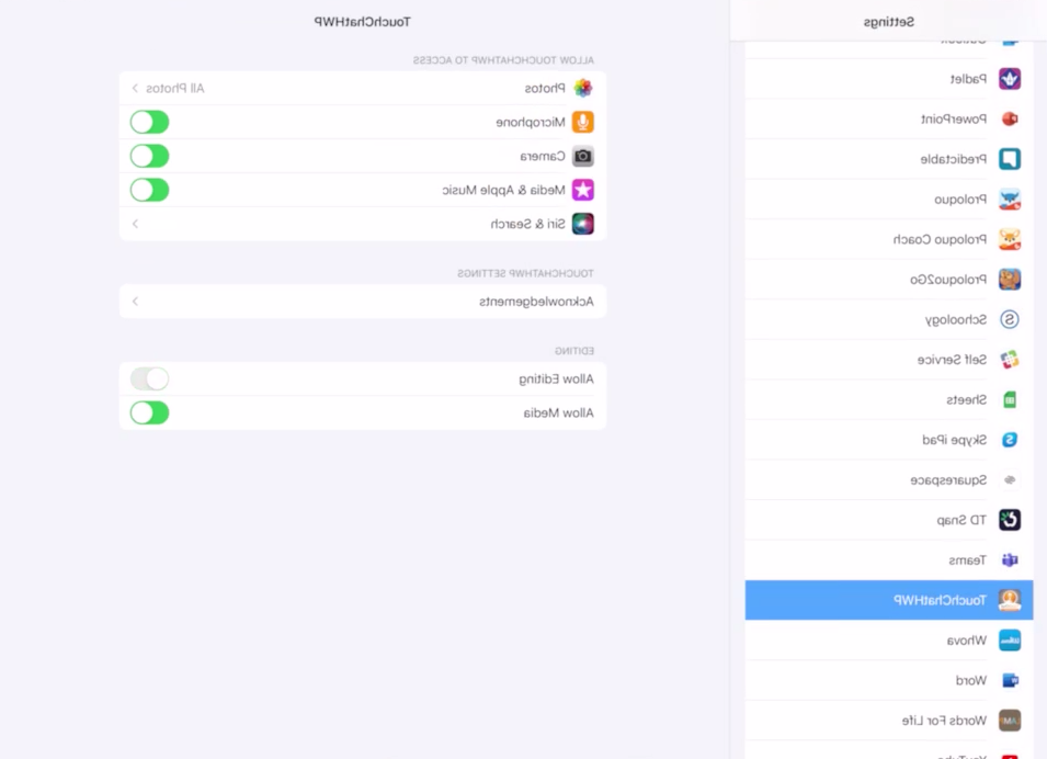 iPad settings with the app Touch Chat selected showing the options to turn editing on or off